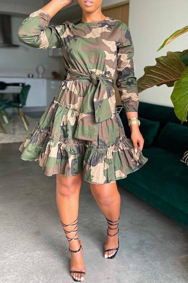 Toperth Camouflage Long Sleeve Tie Waist Dress – Toperth