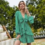 Toperth V-Neck A-Line Skirt Green Polka-Dot Dress – TOPERTH