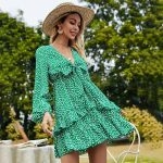 Toperth V-Neck A-Line Skirt Green Polka-Dot Dress – TOPERTH