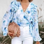 Toperth Blue Floral Ruffle Wrap Blouse – TOPERTH