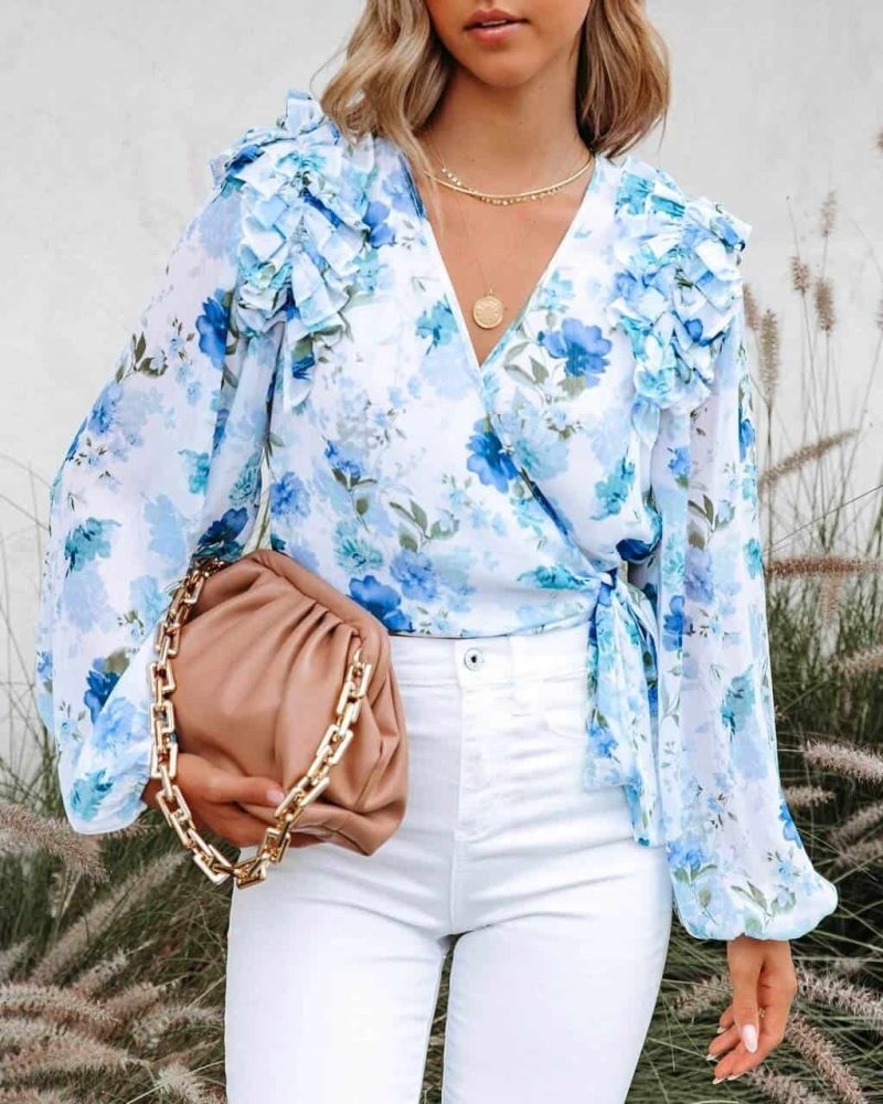 Toperth Blue Floral Ruffle Wrap Blouse – Toperth
