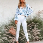 Toperth Blue Floral Ruffle Wrap Blouse – TOPERTH