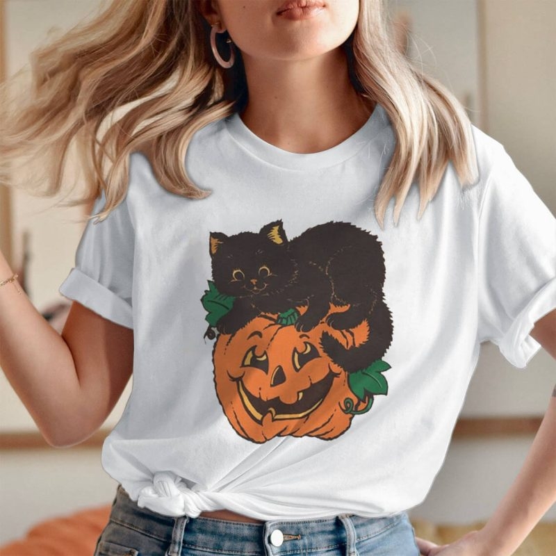 Toperth Pumpkin and Black Cat Halloween Custom T-Shirt – Toperth