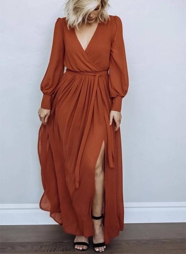 Toperth V-Neck Long Sleeves Belted Maxi Dress – Toperth