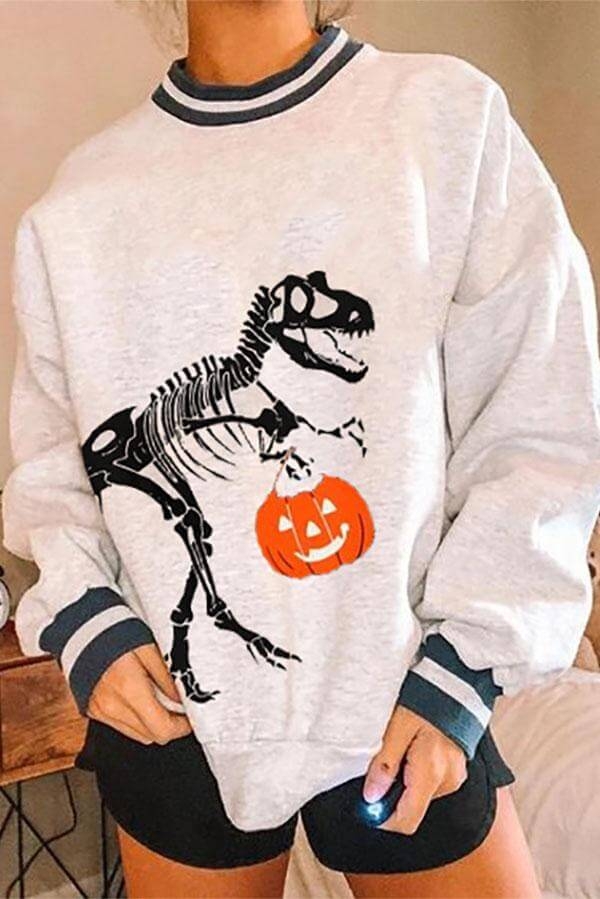 Toperth Halloween Skull and Pumpkin Print Sweatshirt – Toperth