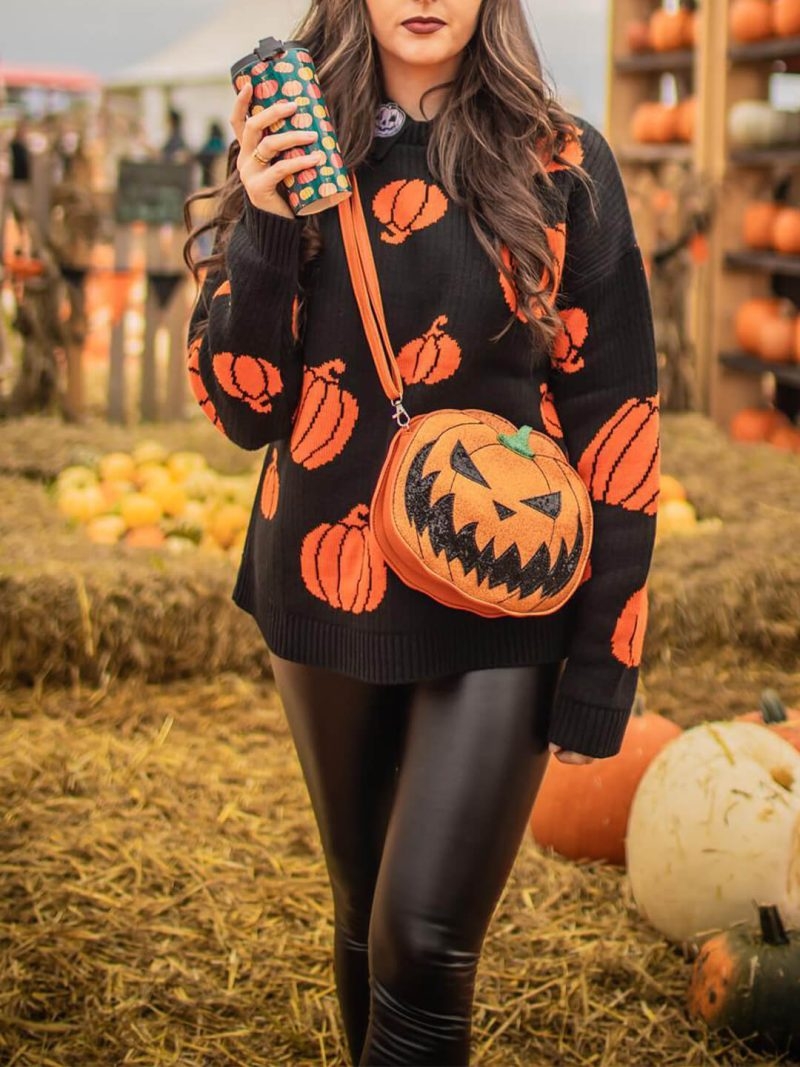 Toperth Halloween Orange Pumpkin Knit Sweater – Toperth