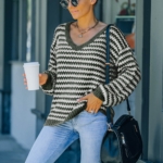 Toperth V-Neck Stripe Loose Pullover Sweater – TOPERTH