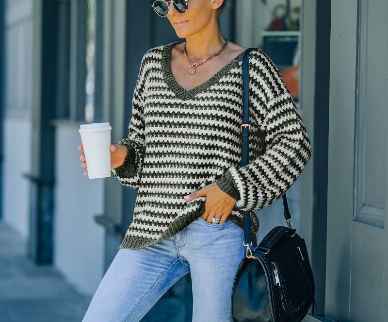 Toperth V-Neck Stripe Loose Pullover Sweater – Toperth