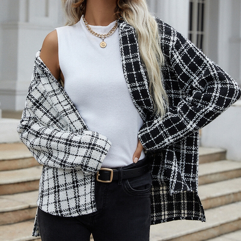 Toperth Lapel Black and White Patchwork Plaid Jacket – Toperth