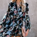 Toperth Ruffles Printed Lantern Sleeve Lace Up Waist Dress – TOPERTH