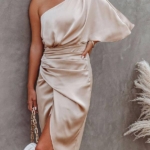 Toperth Solid Color One Shoulder Satin Drape Dress – TOPERTH