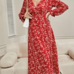 Toperth Red V-Neck Print Long Sleeve Dress – TOPERTH