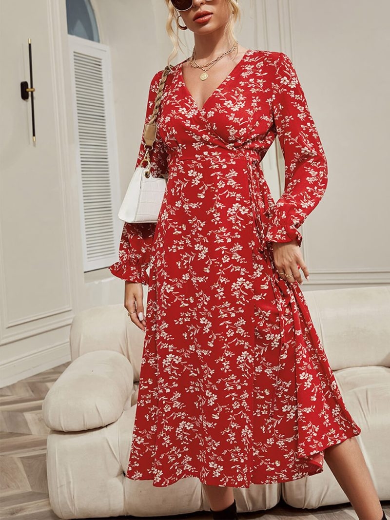 Toperth Red V-Neck Print Long Sleeve Dress – Toperth