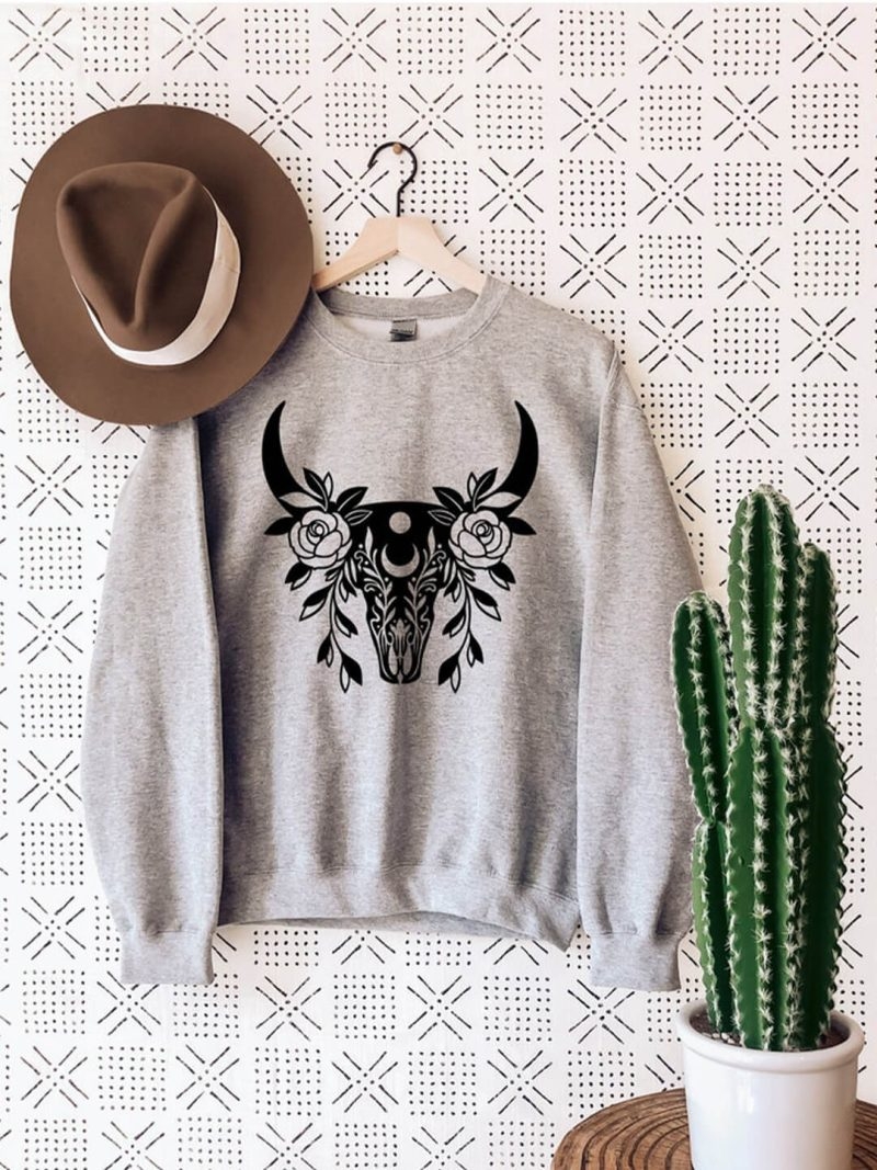 Toperth Western Boho Cow Skull Roses Sweatshirt – Toperth
