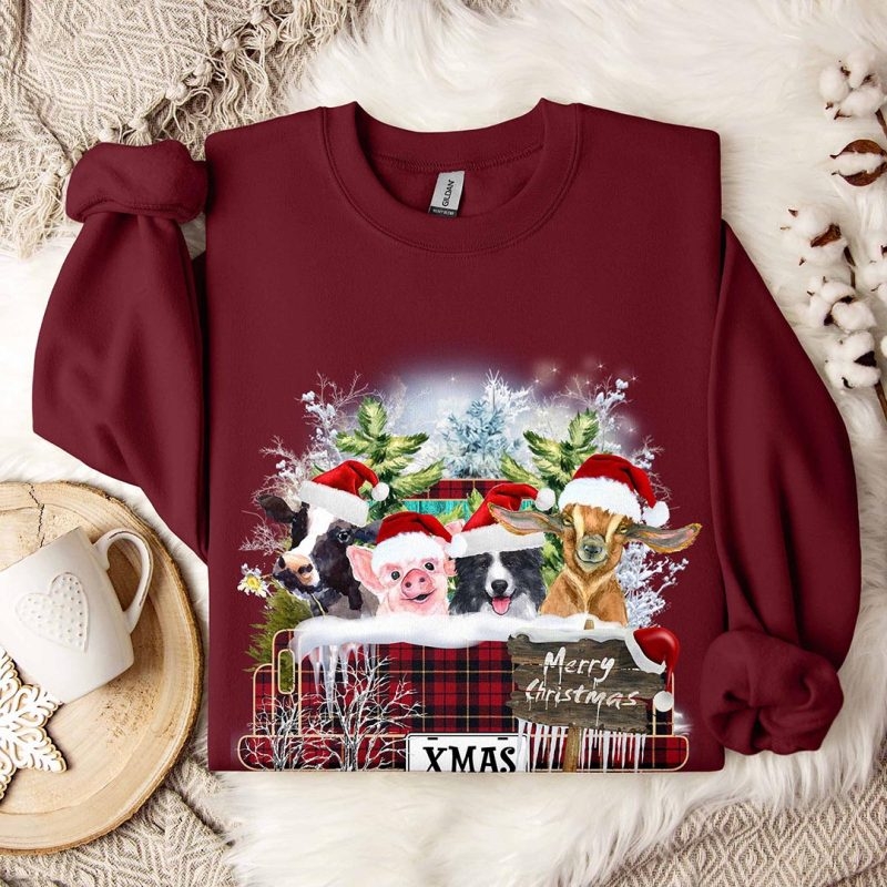 Toperth Christmas Farm Animals Buffalo Plaid Truck Sweatshirt – Toperth