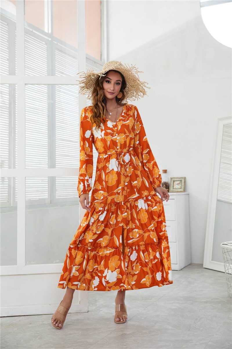 Toperth V-Neck High Waist Print Irregular Split Dress – Toperth