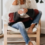Toperth Oversized Color Block Off The Shoulder Pullover Sweaters – TOPERTH