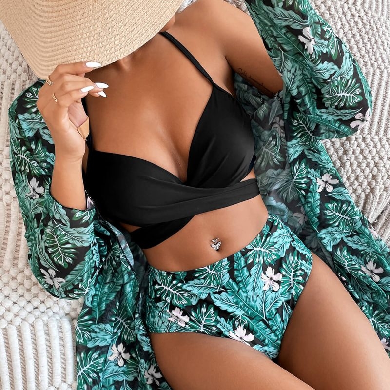 Toperth Leaf Print Bikini Three-Piece Swimsuit – Toperth