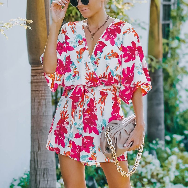 Toperth Printed Floral Batwing Sleeve Straps Rompers – Toperth