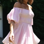 Toperth Off the Shoulde Solid Color Puff Sleeve Elastic Waist Mini Dress – TOPERTH