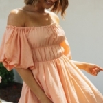 Toperth Off the Shoulde Solid Color Puff Sleeve Elastic Waist Mini Dress – TOPERTH