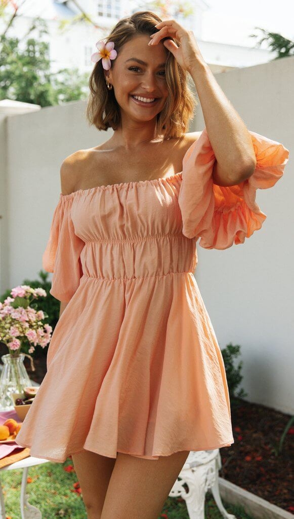 Toperth Off the Shoulde Solid Color Puff Sleeve Elastic Waist Mini Dress – Toperth