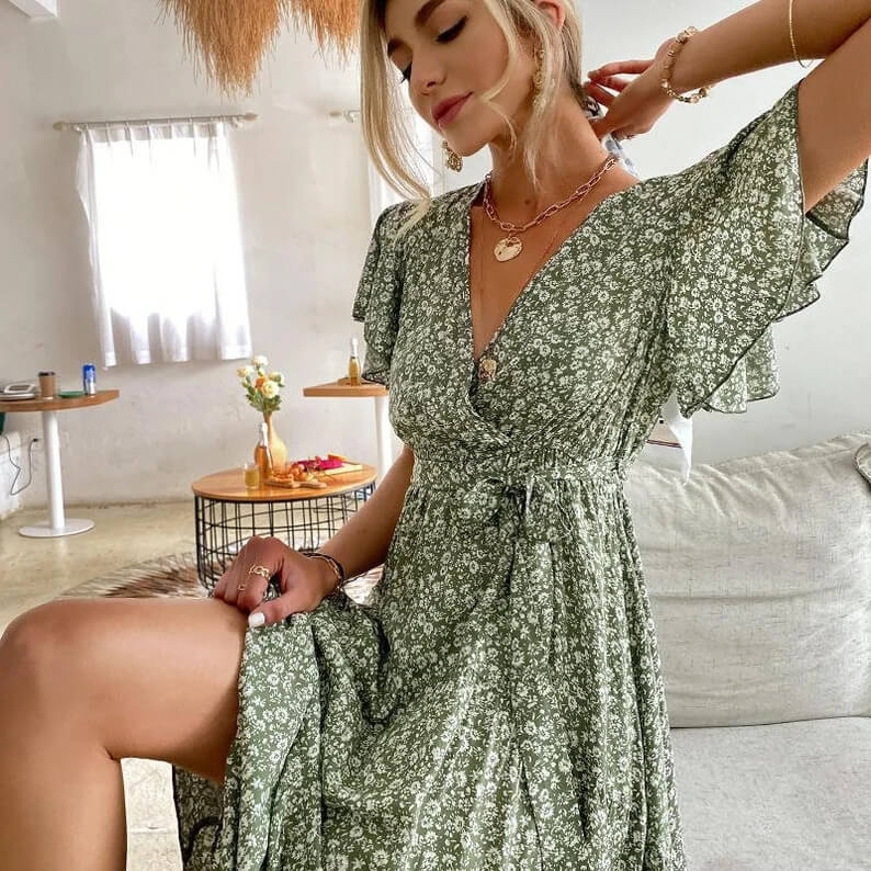 Toperth Green Floral Print Ruffle Midi Dress – Toperth