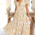 Toperth V-Neck Yellow Print Maxi Dress – TOPERTH