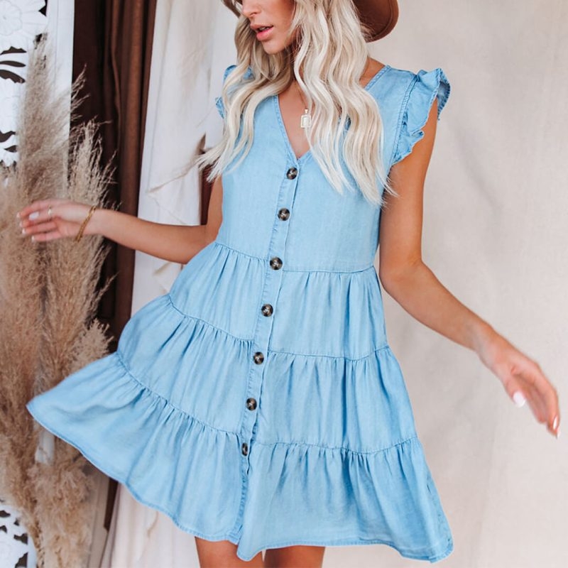 Toperth Denim Ruffle Sleeveless V-Neck Mini Dress – Toperth