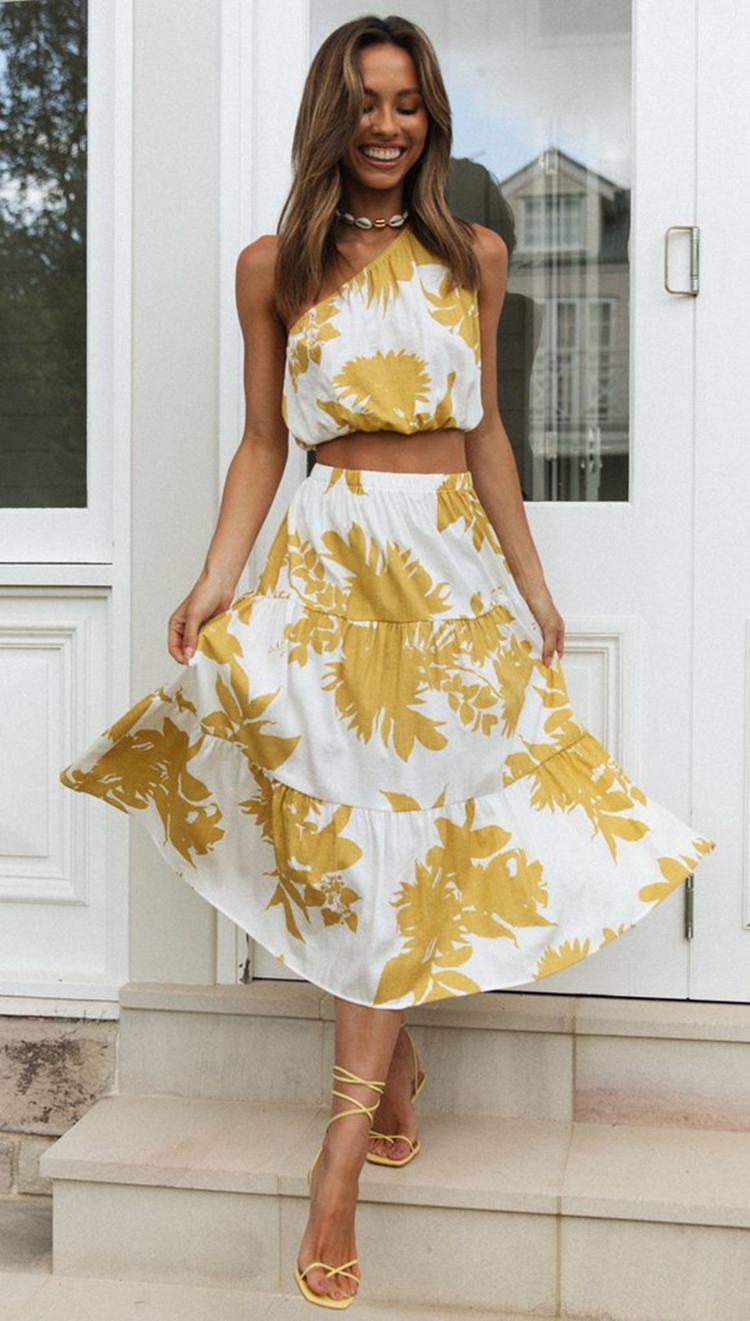 Toperth White And Yellow Floral Crop Two Piece Set – Toperth