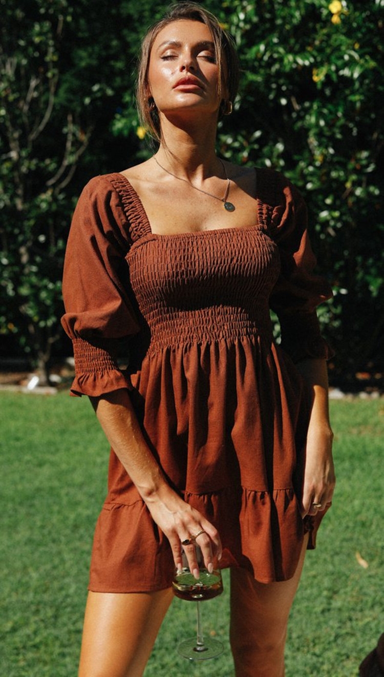 Toperth Brown Short Sleeve Smocked Dress – Toperth