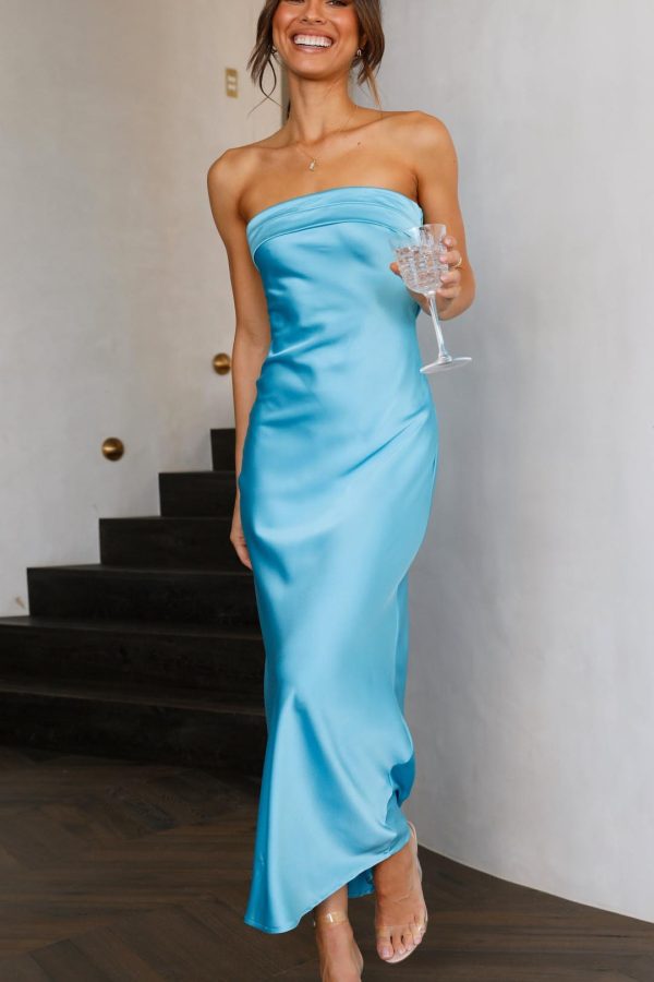 Toperth Blue Satin Strapless Cowl Back Maxi Dress