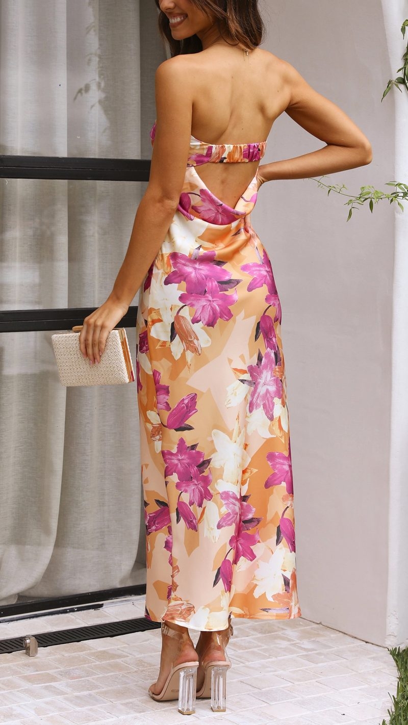 Toperth Satin Folded Floral Over Bust Maxi Dress – Toperth