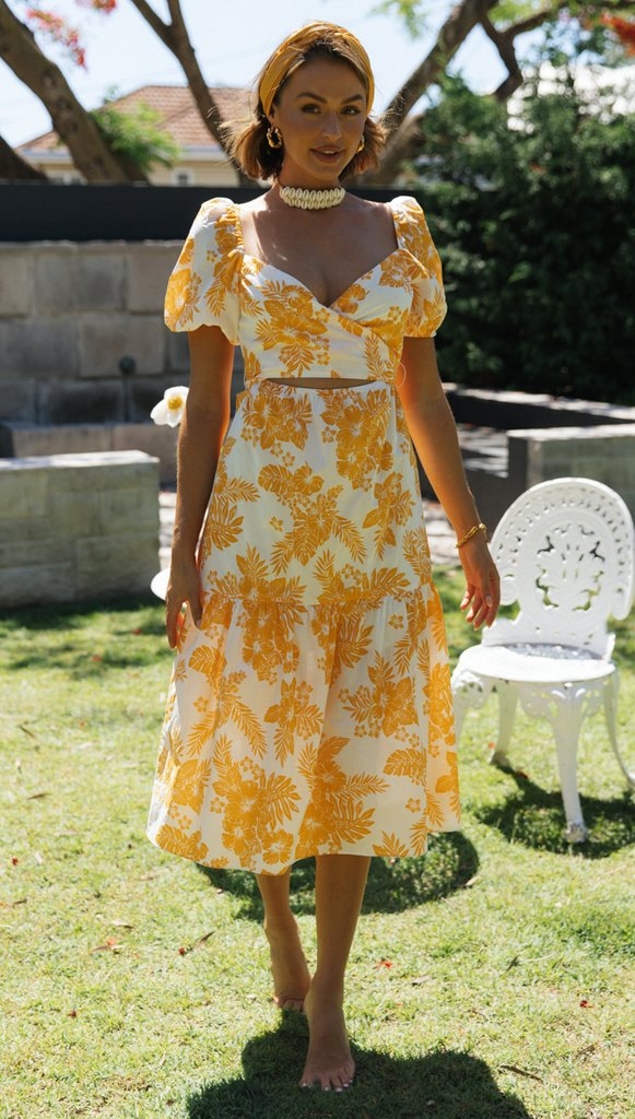 Toperth Yellow V-Neck Printed Short Sleeves Midi Dress – Toperth