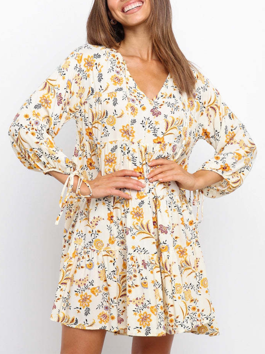 Toperth Yellow Print Long Sleeve V-Neck Mini Dress – Toperth