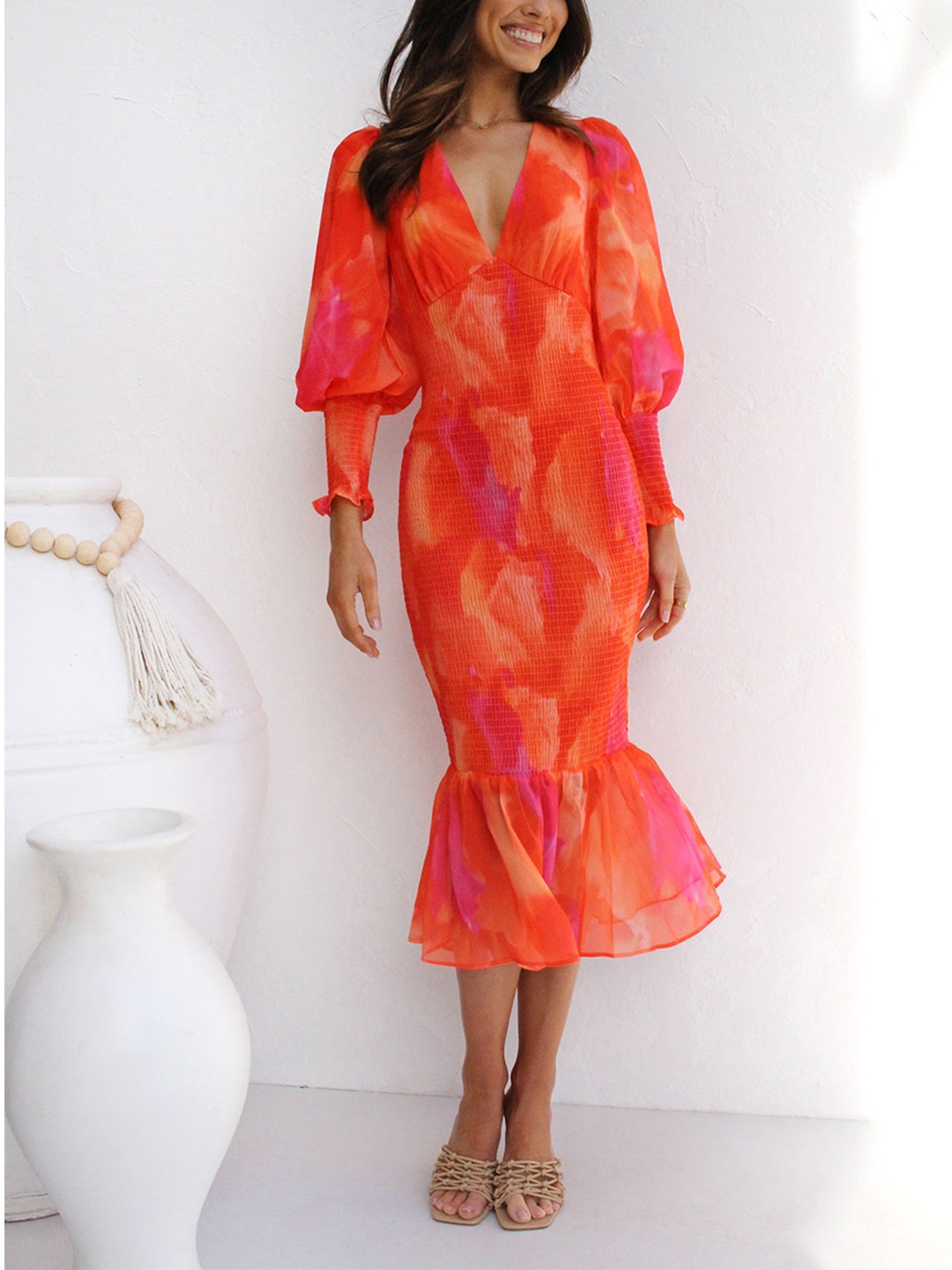 Toperth Orange Floral Print Long Sleeve Midi Dress – Toperth