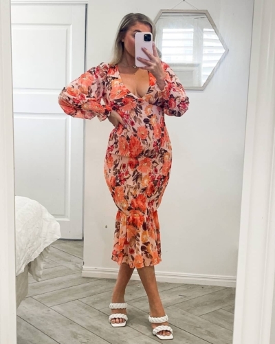 Toperth Orange Floral Long Sleeve Midi Dress photo review