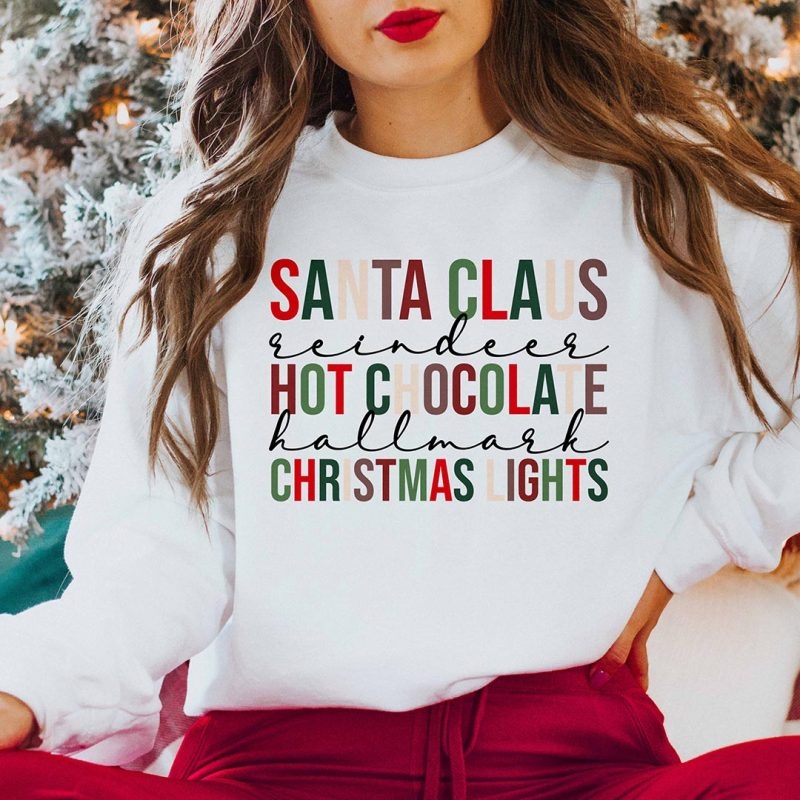 Toperth Santa Claus Reindeer Mistletoe Hot Chocolate Christmas Lights Sweatshirt – Toperth
