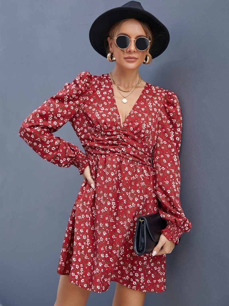Toperth Floral Plunging Neck Puff Sleeve Dress – Toperth