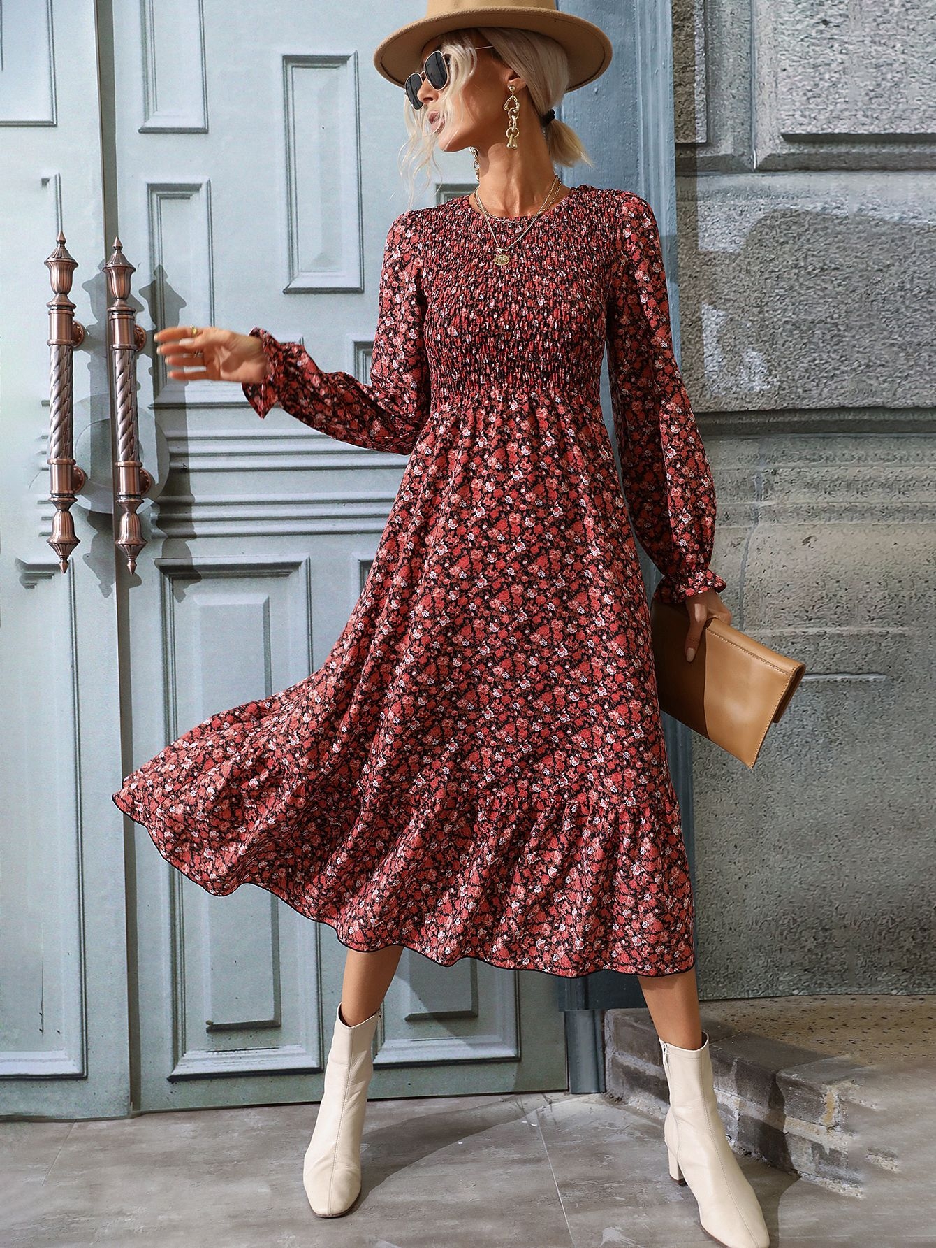 Toperth Red Floral Long Sleeve Midi Dress – Toperth