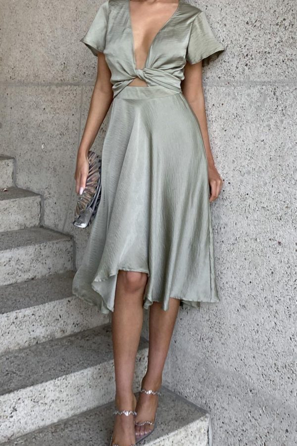 Toperth Satin Tie Knot High Low Midi Dress