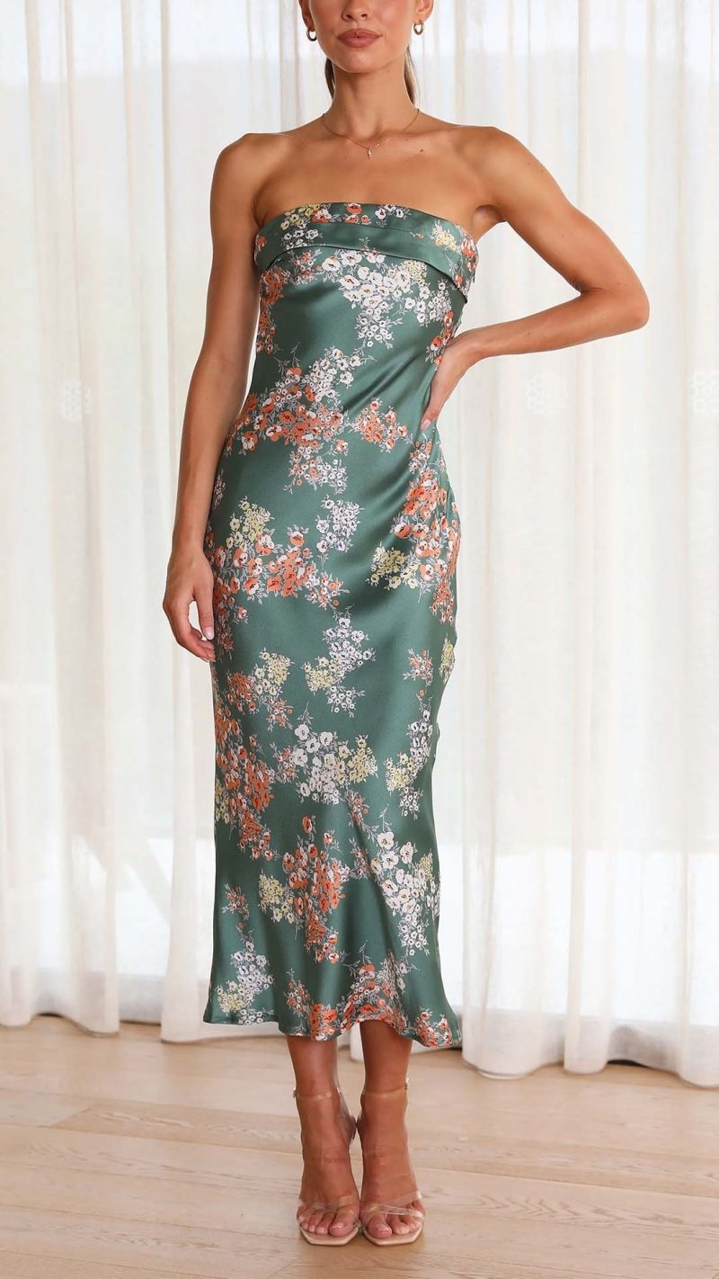 Toperth Satin Green Floral Strapless Maxi Dress – Toperth