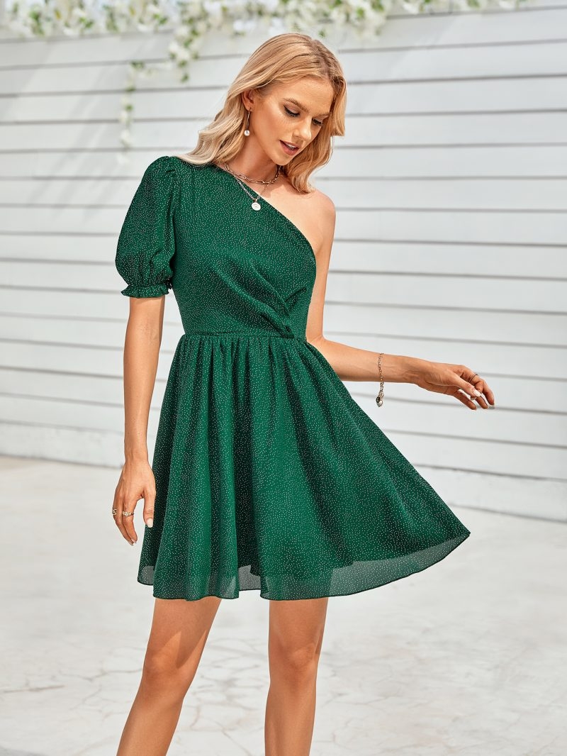Toperth One-Shoulder Puff Sleeve Solid A-Line Dress – Toperth