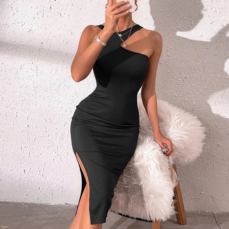 Toperth Black Asymmetrical Neck Slit Dress – Toperth