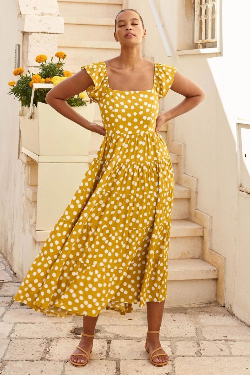 Toperth Yellow Short Sleeves Polka Dots Dress Dress – Toperth