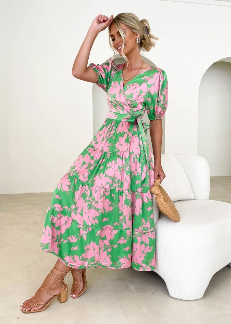 Toperth Green Floral Astrid Wrap Midi Dress – Toperth