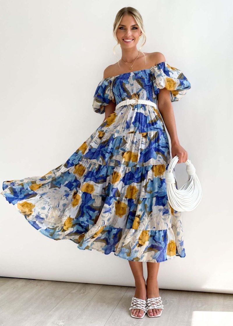 Toperth Blue Splash Printed Off Shoulder Maxi Dress – Toperth