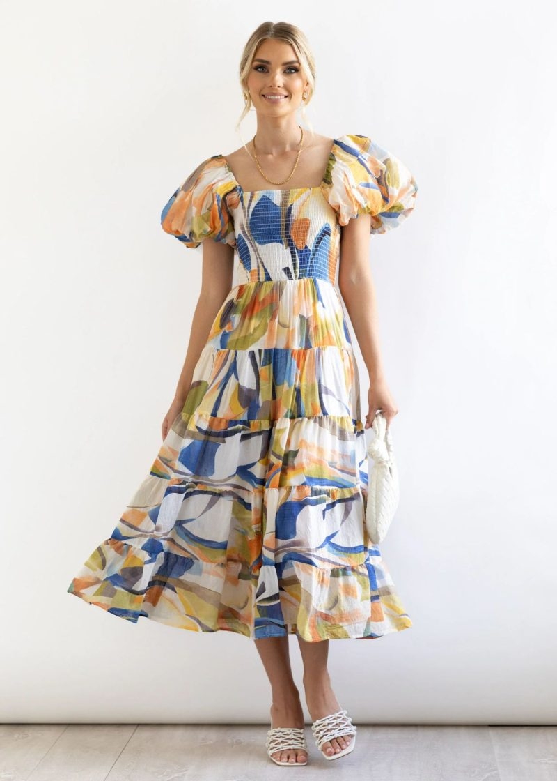 Toperth Azure Mirage Printed Elasticated Neckline Smocked Maxi Dress – Toperth