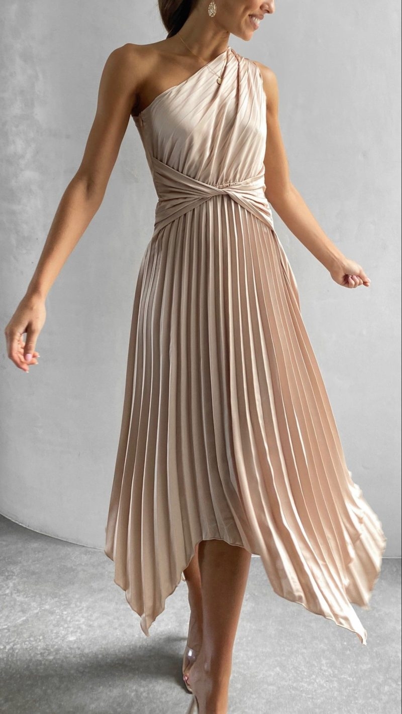 Toperth One-Shoulder Pleated Midi Dress – Toperth