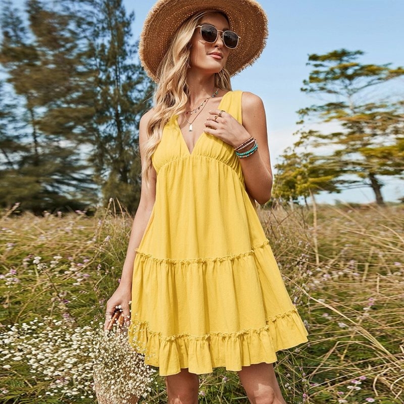 Toperth Boho Yellow V-Neck Sleeveless Mini Dress – Toperth